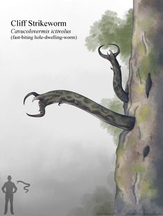 an illustration of a tree with a lizard crawling on it's trunk and the words cliff strikewom above it