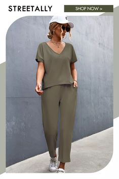 Casual Solid Color V-neck New Product Short-sleeved Sports And Leisure Suit Two-piece Outfits Casual Solid Color Tops For Leisure, Green Short Sleeve Tops For Leisure, Cotton V-neck Athleisure T-shirt, Summer V-neck Athleisure T-shirt, Casual Workwear T-shirt, Casual Stretch T-shirt For Work, Relaxed Fit V-neck Top For Leisure, V-neck Relaxed Fit Top For Leisure, Sweater Sets Womens