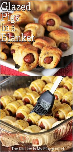 baked pigs in a blanket recipe with text overlay