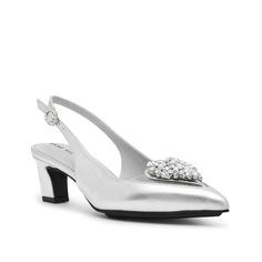 Anne Klein-Inviting Pump Add to your formal wardrobe with the Inviting pump from Anne Klein. The rhinestone medallion catches the eye, while the memory foam footbed provides support underfoot. Silver Pumps, Anne Klein, The Eye, Metallic Silver, Memory Foam, Pumps, Wardrobe, Silver