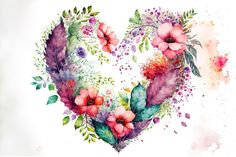 a watercolor heart with flowers and leaves