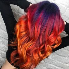 Red Sunset Hair, Blue Flame Hair Color, Fire Hair Color Ombre, Sunset Hair Ombre, Flame Hair Color, Fire Red Hair Color, Sunset Ombre Hair