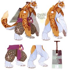 an animal character is shown in three different poses, including the tail and chest area