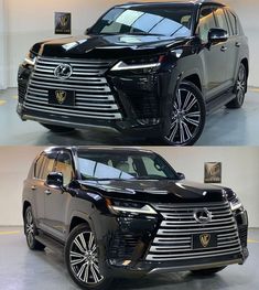 two different views of the front and side of a black suv with chrome trims