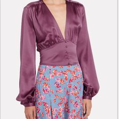 Nwt Divine Heritage Button Up Deep V Plunge Silk Blouse In Color Lilac Wine, Size Xs! Purchased From Intermix Never Been Worn Will Steam Before Sending :) Retails For $298 Chic V-neck Top With Button Closure, Chic V-neck Top With Buttons, V-neck Tops With Buttons For Night Out, V-neck Blouse With Button Closure For Night Out, Feminine V-neck Blouse With Button Closure, V-neck Blouse With Buttons For Brunch, Elegant V-neck Top With Back Button Closure, V-neck Buttoned Top For Party, Elegant V-neck Blouse With Back Button Closure