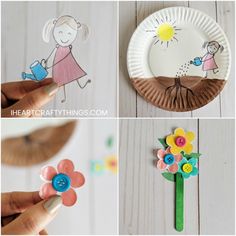 paper plate crafts for kids with flowers and children's drawings on the front, side, and back