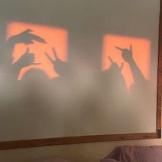 the shadow of two cats on a wall in front of a bed with pink sheets