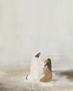 a painting of two people in the water with one kneeling down and another standing up