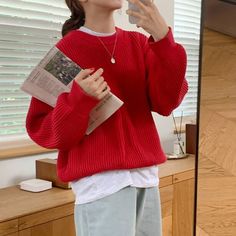 Material : Viscose Design: Knit Neckline: O-neck Elasticity: Medium stretch Style : Vintage Aesthetic Size (cm) Bust Sleeve Length One Size 112 48 60 Size (inch) Bust Sleeve Length One Size 44.09 18.89 23.62 Yarn Sweater Outfit, Red Pullover Outfit For Women, Vintage Pullover Outfit, Vintage Outfits Autumn, Red Sweater Outfit Casual, Red Knit Sweater Outfit, Red Sweater Outfit Aesthetic, Red Clothing Aesthetic, Virginia Outfits