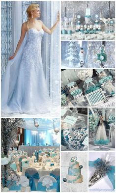 a collage of blue and white wedding decorations