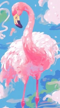 a painting of a pink flamingo standing in the water with its head turned to the side