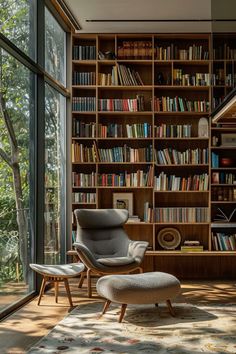 a chair and ottoman in front of a bookshelf