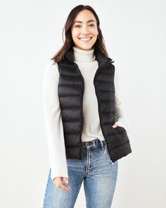 This snug and comfy Lightweight Down Puffer Vest is filled with responsibly-sourced down. Details like a stretchy armhole and hem to help seal in warmth, and it has plentiful pockets to carry your necessities. It packs down small so it's perfect for your adventures. Plus, our down products are sourced responsibly to ensure best practices in animal welfare. Black Zip Up Hoodies, Christmas Jacket, Womens Puffer Vest, Black Puffer Vest, Winter Vest, Chore Jacket, Black Puffer, Black Vest, Black Zip Ups