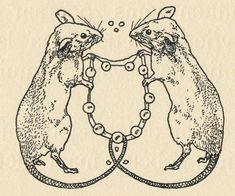 two mouses holding hands in chains with bubbles coming out of their mouths, vintage engraved illustration