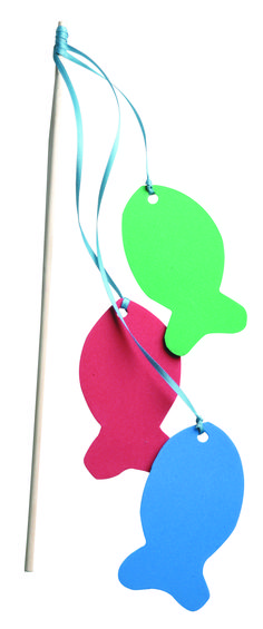 three different colored speech bubbles hanging from a string on a white background with one green, one red and one blue