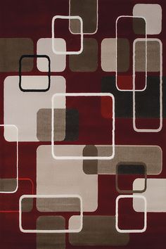 an area rug with squares and rectangles in red, brown, beige and white colors