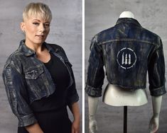 ONLY ONE AVAILABLE! SIZE: 22 XXL The Furiosa Crop Top Jacket in a stunning new shade, Blue Denim. This unique piece is a twist on our best-selling Furiosa Jacket, offering a fresh color palette for those seeking a standout style. Its cropped design and waist-emphasizing cut make it a chic and bold choice for anyone looking to make a fashion statement. Handmade with meticulous attention to detail, this denim cropped jacket provides a unique and rugged appearance that complements various styles. W Edgy Fitted Washed Outerwear, Grunge Fitted Outerwear For Cosplay, Punk Style Fitted Denim Jacket For Alternative Fashion, Fitted Grunge Outerwear For Cosplay, Fitted Denim Jacket For Fall Alternative Fashion, Fitted Denim Jacket For Alternative Fashion In Grunge Style, Retro Fitted Distressed Outerwear, Fitted Denim Jacket For Alternative Grunge Fashion, Fitted Edgy Denim Jacket For Alternative Fashion