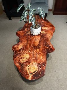 a wooden table with a potted plant sitting on it's top in a living room