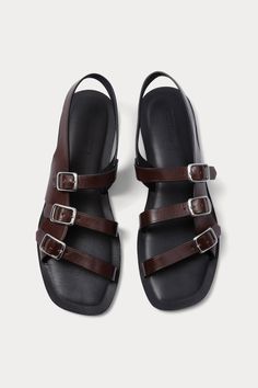 Strappy brown leather sandals with three adjustable buckle closures and a flat sole. 100% Leather Upper and Sole Silver nickel buckles Made in Peru Shoe Inspo, Stylish Sandals, Brown Leather Sandals, Sandals For Sale, Dream Shoes, Brown Sandals, Slingback Sandal, Cute Shoes, Strap Sandals