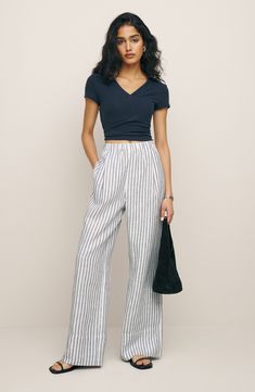 Be ready for warmer temps in these classic striped pants flaunting a breezy wide-leg silhouette and a crisp linen feel. 29" inseam, 24" leg opening; 14" front rise; 15" back rise (size Medium) Elastic waist Side-seam pockets 100% linen Machine wash, line dry Imported Striped Linen Pants Outfit, Stripe Pants Outfit, Linen Pants Outfit, Striped Linen Pants, Match Outfits, Linen Wide Leg Pants, Summer Pants Outfits, Linen Pant, Glad Rags