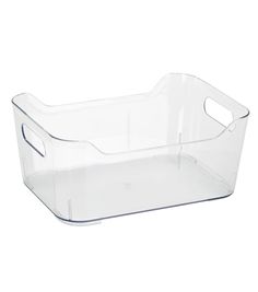 a clear plastic bin with handles on the top and bottom, for storage or organization