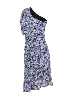 This Shoshanna dress adds a dazzling pop of color to your wardrobe! The blue, peach, and navy floral print, with its sleek metallic accents, will have you looking like the best dressed guest at any event. The slim one shoulder cut and the fully ruched body give you a perfectly sophisticated silhouette. Size 6 Shell 90% Viscose, 10% Viscose Lining 100% Polyester Side invisible zipper Fully ruched Crop sleeve Ruffle bottom Bust 34" Waist 29" Shoulder to hem (sleeve side) 44" Sleeve length 18" One-shoulder Fitted Dress With Floral Print, Spring One Shoulder Midi Dress With Fitted Bodice, Blue Feminine Dress With Fitted Bodice, Feminine Blue Dress With Fitted Bodice, Blue Floral Midi Dress For Date Night, Blue Floral Print Midi Dress For Date Night, Dressy Fitted Floral Print Mini Dress, Knee-length Floral Print Dress For Cocktail, Blue Floral Print Dress For Date Night