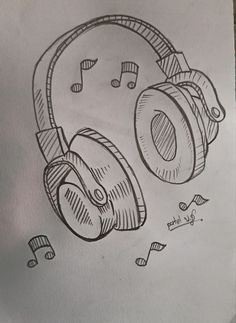 a drawing of a pair of headphones with music notes coming out of the ears