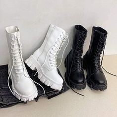 Winter Boots Women Fashion, Chunky Heel Platform Boots, Platform Boots Women, White Ankle Boots, Buy Boots, Leather Biker Boots, Lace Up Combat Boots, Boots Women Fashion, Womens Mid Calf Boots