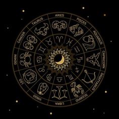 zodiac signs in the center of a gold circle on a black background with golden stars