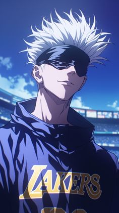 an anime character with white hair wearing a purple shirt and black pants in front of a stadium