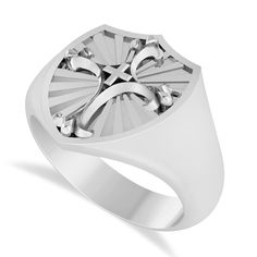 Once used to authenticate messages and seal correspondence, today's signet rings offer men an on-trend finishing touch to their wardrobe. Our Men's Antique Style Cross Signet Ring features a handsome shield-shaped design with a decorative cross motif. This amazing ring is crafted in 14k white gold, the ring makes a striking gift for a husband, son or special man in your life.#mensring #mensrings #weddingring #goldweddingring #Ring #Mensring #jewelryearringsph #weddingrings #weddingringsph Luxury White Signet Ring For Men, Luxury 14k Gold White Signet Ring, Luxury White Gold Platinum Signet Ring, Luxury White Signet Ring With Polished Finish, Luxury Silver Men's Signet Ring, Decorative Cross, Wardrobe Accessories