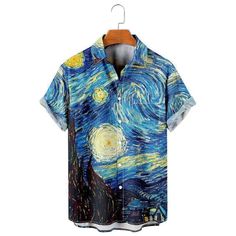 Starry Night Shirt - h0neybear Summer Digital Print Short Sleeve Shirt, Casual Short Sleeve Tops For Night, Artistic Printed Summer Tops, Artistic Printed Tops For Summer, Summer Short Sleeve Shirt With Digital Print, Summer Shirt With Digital Print And Short Sleeves, Cotton Shirt With Star Print For Summer, Casual Cotton Tops For Night, Van Gogh The Starry Night