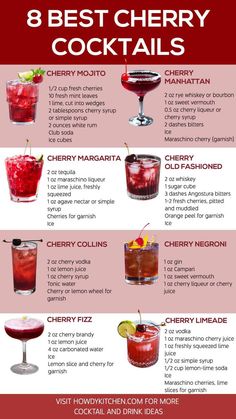 A colorful collection of cherry cocktails, including the Cherry Mojito, Cherry Manhattan, and Cherry Margarita, all garnished with fresh cherries and citrus slices. Cherry Cocktail Recipes, Cherry Cocktails, Tart Cherries Recipes, Fruity Cocktail Recipes, Fruity Alcohol Drinks, Cottagecore Recipes, Cherry Drink, Layered Drinks, Xmas Desserts