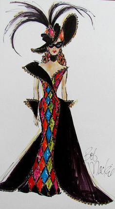 a drawing of a woman in a colorful dress with feathers on it's head