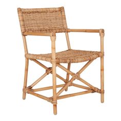 a wooden chair with wicker seat and armrests on an isolated white background