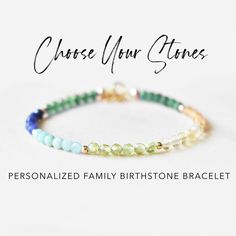 "This design-your-own bracelet showcases a dazzling selection of personalized birthstones. Every bracelet is made to order to your specifications. All gemstones stones used in this bracelet design are natural and uniform in shape - yet no two bracelets are the same. All jewelry will arrive in an elegant, ready-to-gift drawstring pouch within a gift box. With over 12 unique gemstone options to choose from, this bracelet makes the perfect gift for just about anyone in your friend or family circle. Adjustable Stackable Bracelets For Birthday, Stackable May Birthstone Jewelry As Gift, Stackable May Birthstone Jewelry Gift, Stackable Jewelry For May Birthstone Gift, Gemstone Jewelry For May Birthstone Birthday, Spiritual May Birthstone Jewelry For Birthdays, Personalized May Birthstone Round Bracelet, Personalized Green Name Bracelet As Gift, Personalized Green Name Bracelet For Gift