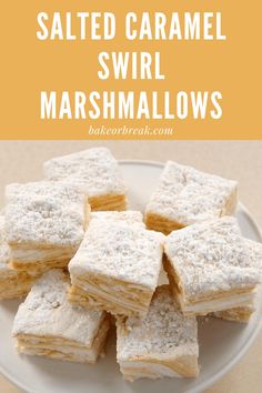 salted caramel swirl marshmallows on a white plate with text overlay