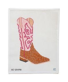 a cross stitch pattern of a cowboy boot with pink and brown dots on the bottom