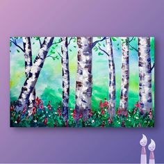 an acrylic painting of birch trees and flowers