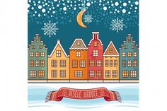 a christmas card with an image of a town and snowflakes on the sky