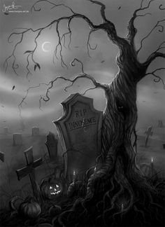 a creepy graveyard scene with tombstones and a tree in the foreground at night