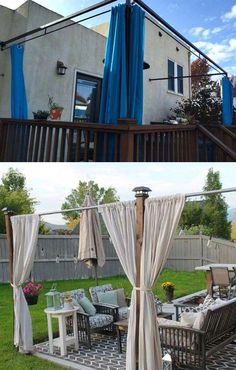 an outdoor patio with curtains and furniture