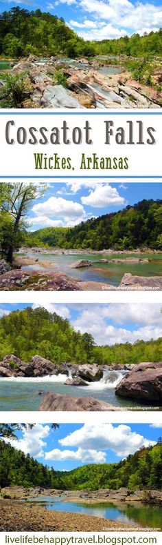 four different views of the water and rocks in cossatot falls, wicks, arkansas