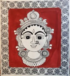 an art work with a woman's face painted on red and white paper,