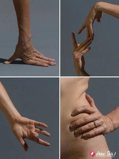 four pictures of hands reaching for something in the air with their fingers on top of each other