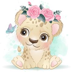 a cute baby leopard with flowers on its head sitting next to a blue watercolor background