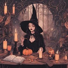 a woman dressed as a witch sitting at a table with candles in front of her