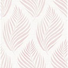 a pink and white wallpaper with large leaves on the back ground, in shades of light pink