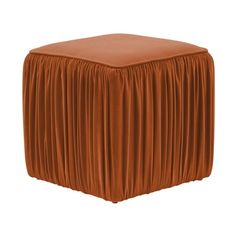 an orange square ottoman with pleated fabric on the top and bottom, in front of a white background