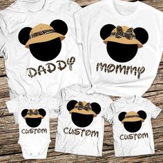 three shirts with mickey mouse heads and the words dad, mom, and baby on them